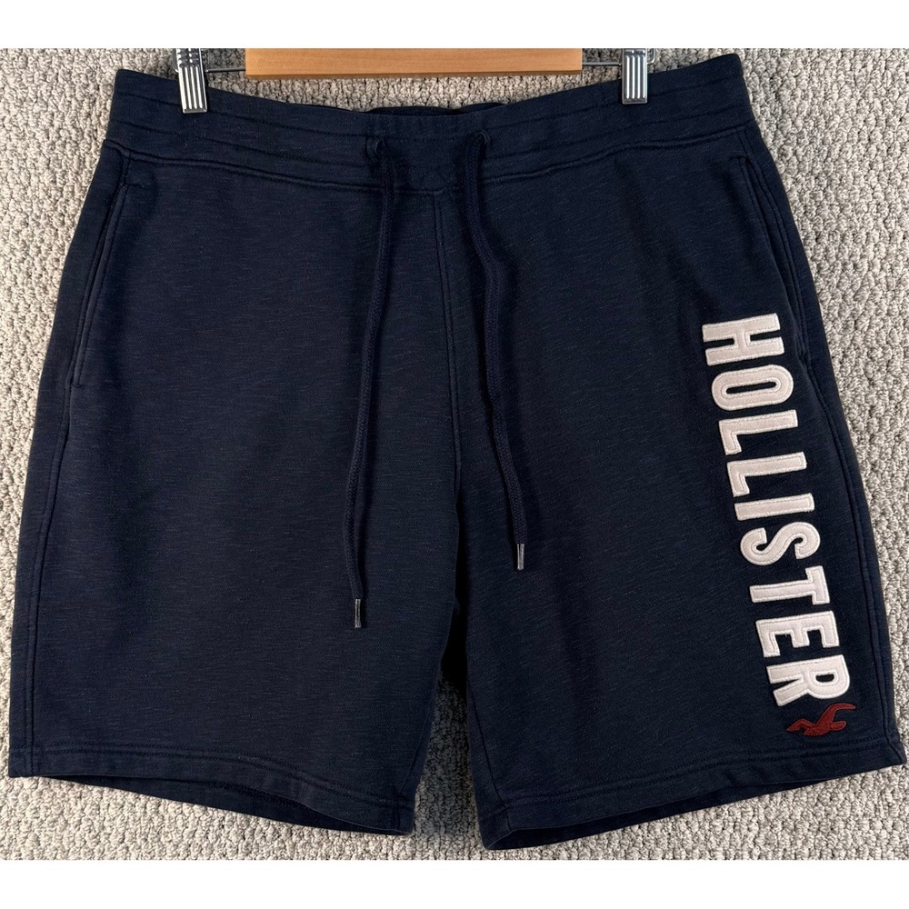 Hollister Fleece Shorts Mens Large Navy Blue Logo Graphic Sweatshorts Casual O28